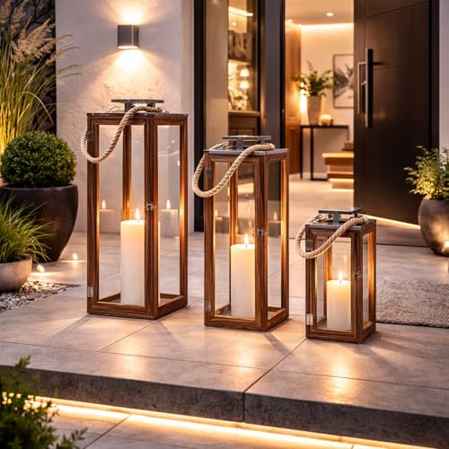 Mojawo 3er XXL Laternen Set Gartenlaternen Stalllaternen Massivholz Windlicht ca.14x14x31 cm + 19x19x51cm + 70x24x24cm mit Edelstahldach
