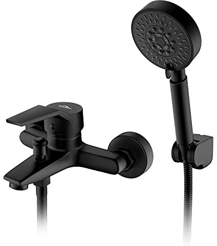 Auralum Duscharmatur Komplettset,Badewannenarmatur Schwarz mit Handbrause 5 Funktionen,Duschkopf mit Schlauch Set für Bad