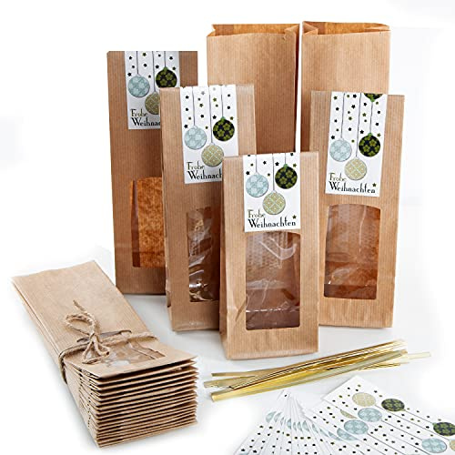 Logbuch-Verlag Lot de 25 sacs en papier avec fenêtre et film + autocollants de Noël « Joyeux Noël » – Sacs à biscuits – Convient pour un usage alimentaire 26,5 x 8,5 x 5 cm