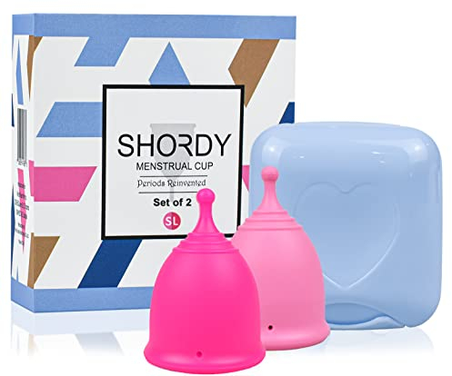 SHORDY Set di 2 tazze mestruali (Small + Large) con scatola, coppetta mestruale flessibile e posacenere per periodo, protezione fino a 12 ore, alternativa ecologica a tamponi, dischi, pastiglie (rosa)