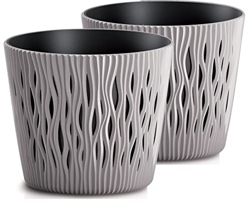 Tymar Blumentopf, 2er-Pack, Übertopf aus Kunststoff, Moderne, Runde Form, Pflanztopf,Innen- und Außenbereich, SR001 (Beige, ø 26 cm)