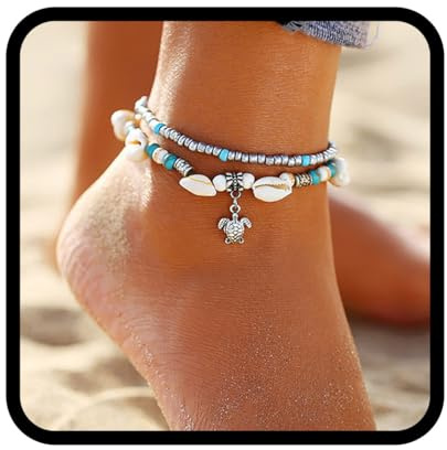 Zoestar Boho Türkis Fußkettchen Silber Schildkröte Fußkettchen Muschel Perlen Fußkette Schmuck für Frauen und Mädchen