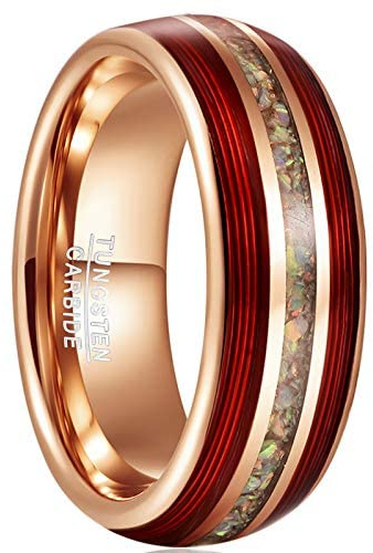 SFERT Anillos de tungsteno para hombre de oro rosa de 8 mm con ópalo y cuerda de guitarra/incrustaciones de cable para compromiso, boda, aniversario, amistad, tamaño 7-12, 10, Tungsteno, Sin piedras
