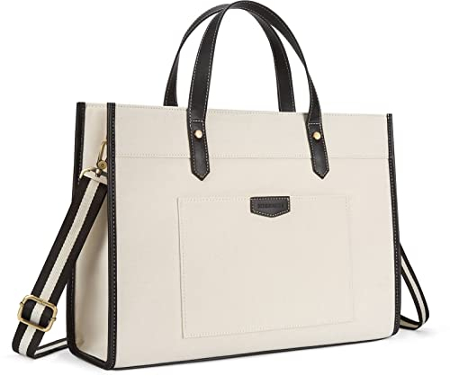 Missnine Laptoptasche 15,6 Zoll Handtasche Damen Business Arbeitstasche Shopper Groß Canvas Tasche Lehrertasche, Aktentasche für Büro Uni, Schwarz & Beige