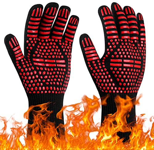 Flintronic Guantes Barbacoa, Guantes para Horno Resistentes al Calor hasta 800℃/1472℉, Guantes Cocina con Certificación EN407, Guantes para Parrilla, Hornear, Microondas, Parrilla-1 Par/Rojo/30CM