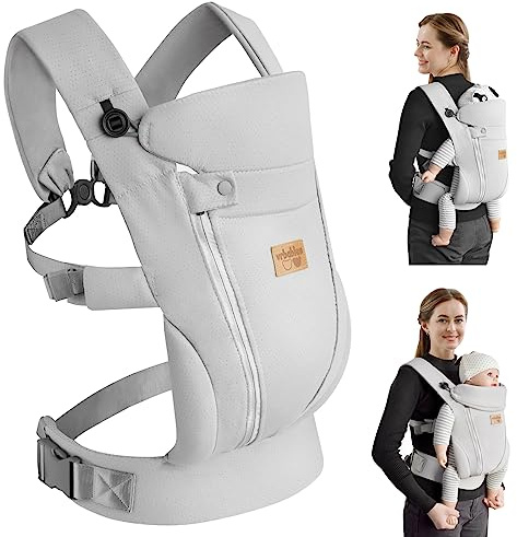 Babytrage für Neugeborene ab Geburt mit Verstellbarem Kopfstütze und Atmungsaktivem 3D-Netz, Leicht Verstellbare Babytrage Vorne für Neugeborene-4-15kg(Hellgrau - mit Gürtel)
