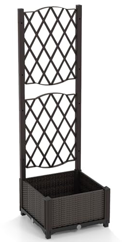 GiantexUK Garden Planter with Trellis (PP Frame, 40x40x122cm) | Raised Bed Vine Climbing Stand with Self-Watering Design & Drain Holes, Outdoor Privacy Screen Planter Box for Flower Herb