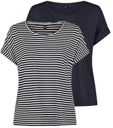 ONLY Tshirt Damen Bluse Top ONLMOSTER 2er Pack Regular Fit Rundhals Basic | Kurzarm Shirt Streifen Braun Blau Rose Grün Schwarz XS S M L XL XXL