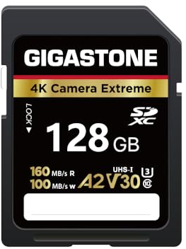 【5 Años Recuperación de Datos Gratis】 GIGASTONE A2 V30 Tarjeta de Memoria SDXC 128GB 4K Cámara Extreme, 160/100MB/s. Canon Sony, U3 UHS-I Clase 10 para 4K UHD Video, con 1 Minicaja