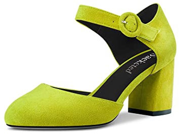 Saekcted Mujer Chunky Ancho Medio Heel Redonda Punta Pumps Correa Tobillo Two-Piece Cierre con Hebilla de Boda Dress Zapatos Verde Lima 41 EU