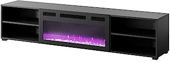 Homlando Meuble TV - Store bas - 180 cm - Suspendu ou debout - Meuble TV moderne avec espace de rangement pour le salon - Buffet - Cheminée électrique (noir mat avec cheminée électrique noire)