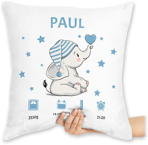 Kissen 40x40 Zierkissen - Elefant Geburtsdaten mit Name Geschenk zur Geburt Geschenkidee I Geldgeschenk zur Geburt - 40 x 40 cm - Weiß - für Baby personalisierte Babygeschenk Geburtsgeschenk