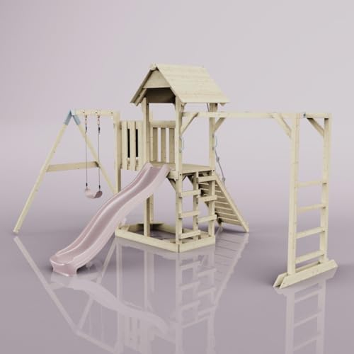 Rebo Spielturm mit Wellenrutsche aus Holz | Outdoor Klettergerüst mit Kinderschaukel, Hangelstangen, Plattform und Kletterseil