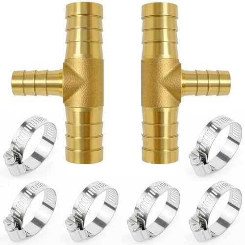 Closmos 2pcs Brass Hose Barb Reducer Tee Reducing T-fitting, 3/8 Barbed x 1/4 Barbed x 3/8 Barbed 3 Ways Connector with 6pcs Hose Clamp