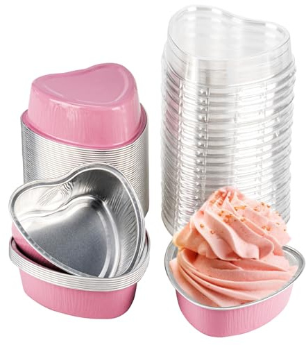 50 Pack Heart Shaped Mini Cake Pans with Lids, Small Disposable Aluminum Foil Cupcake Loaf Pans, Baking Cup Cake Tin Mold for Valentine's Mother's Day Wedding Party Birthdays (Pink, 3.4oz/100ml）