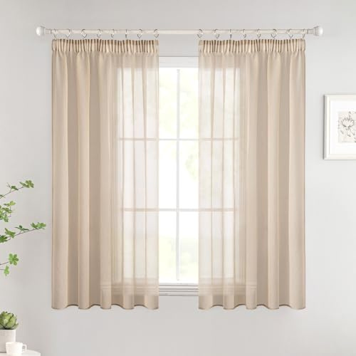 Woaboy Gardinen mit Kräuselband Kurz Voile 2er Set 140x122 cm Beige | Vorhänge Wohnzimmer Transparent Sheer Curtains Stores Gardine Schlafzimmer Modern Schlaufengardinen
