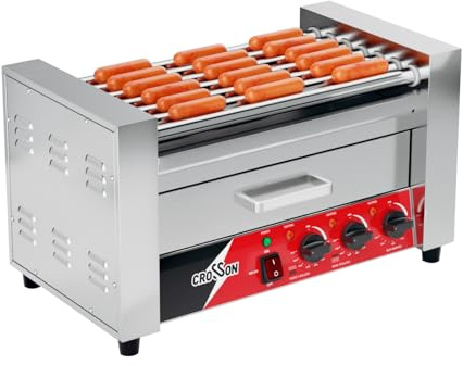 CROSSON Hot Dog 7 Roller with Bun Warmer,Commercial 7 Nonstick 304 Roller Grill Cooker Machine-120V, 1350W