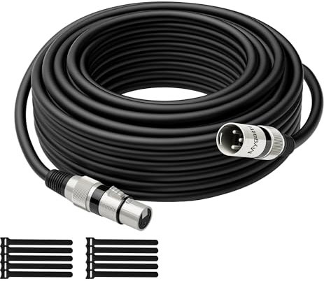 Mygatti Cable XLR para micrófono 50 metros,color negro,macho a hembra,apantallado de 3 pines,cable de conexión DMX,con supresión EMI y RFI,compatible con amplificadores, altavoces+10 bridas