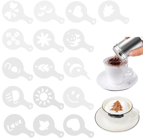 16 Stück Kaffeeschablonen in Cappuccino-Form, Fantasie-Druck, Kaffee, Latte, Cappuccino, Milchschaum, Kuchen-Dekoration