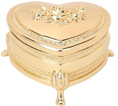 Vintage Herz Schmuckkästchen aus Zinklegierung mit Samtfutter | Goldfarbene Metallbox, kompakte Aufbewahrung für Ringe und Ohrringe, antikes Blumenmuster-Design, ideal für Reisen und S