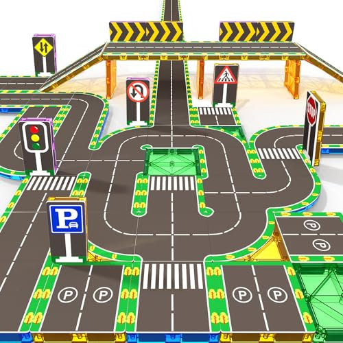 64 Teiliges Magnetische Bausteine Straßenaufsatz-Set mit magnetischen Fliesen STEM-Spielzeug für 3 jährige Jungen und Mädchen Angepasste Geburtstagsgeschenke für Kinder im Alter von 3 4 5 6 7 8 Jahren