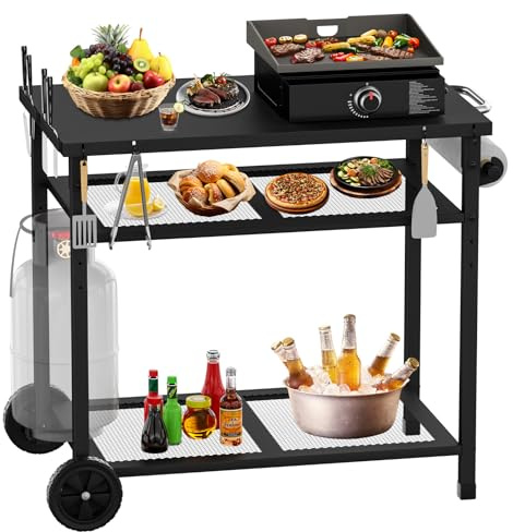 JYiuog multifunktionaler Grillwagen, 3-Etagen Grill-Esswagen, Küchenwagen mit Papierhandtuchhalter und Haken, Outdoor Servierwagen Beistelltisch (schwarz)