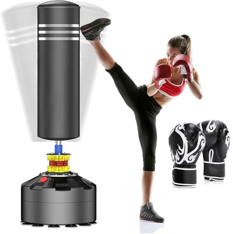 Moziel Sac de Frappe sur Pied avec Gants Punching Bag Debout pour Adulte 175 cm Sac de Boxe Autoportant avec 12 Ventouses(Noir)