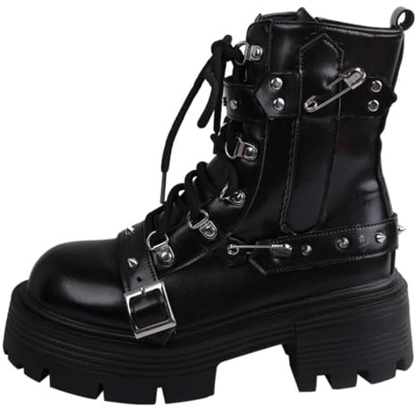 Botines de Las Mujeres Otoño Mujeres Botas Hebilla Round Toe Wedges Plataforma Botas Punk Gótico Mujeres Zapatos de la Calle,Negro,36