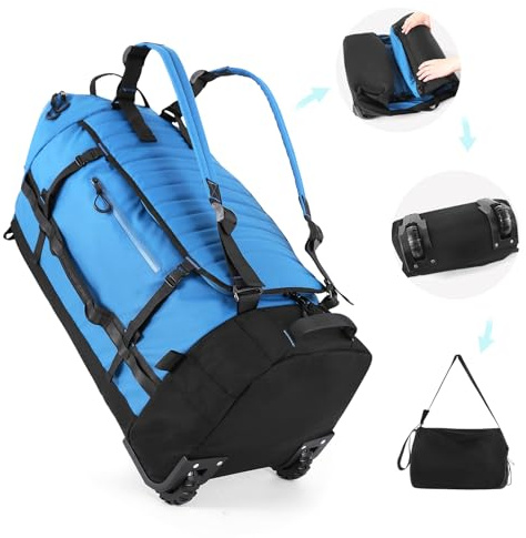 Vomgomfom 86L Sac de Voyage Pliable sur roulettes, Sac à Dos à roulettes imperméable avec Fond matelassé, Bleu