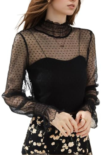 EMOTTOS Tops de Encaje Sexy de para Mujer, Camiseta de Malla con Estampado de Flores/Lunares Escote Medio Alto, Elegante Camiseta Transparente para Señoras, 2 Estilos, Negro/Blanco, M-XL
