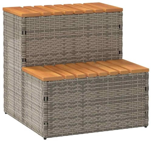 vidaXL Whirlpooltreppe Grau 50x50x50,5 cm Poly Rattan Akazie Massiv, Whirlpool-Stufe, 2-Stufen-Leiter, Tritthocker, Stufe für Whirlpool, Poolleiter