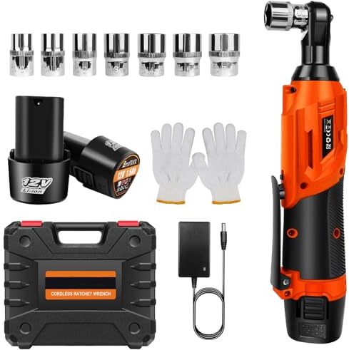 3/8 Cordless Ratchet Wrench Max Torque 40N.m, 0-300 RPM 12V Electric Ratchet with 2 x Li-Ion Battery and Fast Charger, LED Light, 7 Pcs Sockets, Impact Wrench Drive Tool Kit