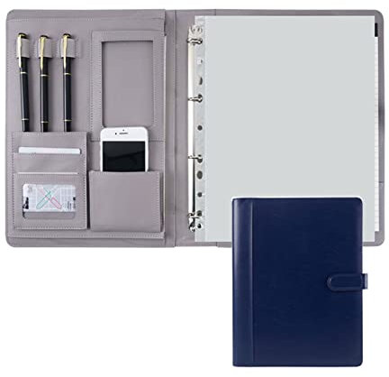 Schreibmappe A4 Konferenzmappe Dokumentenmappe 4 Ringbuch Mappe Geschäfts Ordner Leder Businessmappe Messenger Bag Aktenmappe Organizer Für Damen Herren(Blue,No calculator)