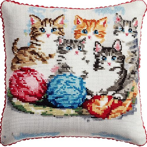 Wallphantom Tier Kreuzstich-Kissen-Set,Eine Gruppe von Katzen, die mit einem Wollknäuel spielen,DIY Kreuzstichkissen inklusive Kissenrücken,vorbedruckte Leinwand,Faden und Nadel,45x45cm