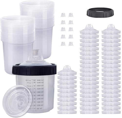 TINMAGI Misurino Graduato per Pistola Vernice, Coppa Miscelatrice Monouso per Sistema di Verniciatura HVLP, Kit usa e Getta per Pistola a Spruzzo, 50 Coperchi e Tazze 600 ml, 1 Tazza Rigida