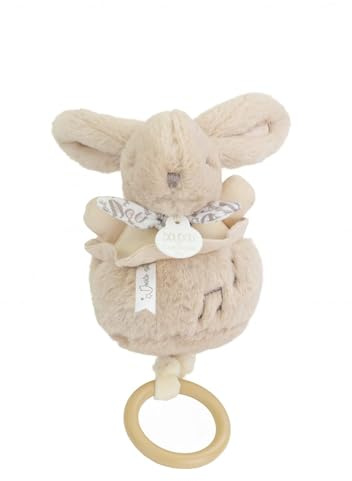 Doudou et Compagnie - Spieluhr Hase Schmusetuch beige – Plüschmusik Ultra weich Baby mit Ring aus Holz – Kuscheltier Nachtlicht zum Einschlafen des Babys – Geschenkidee zur Geburt – DC4370