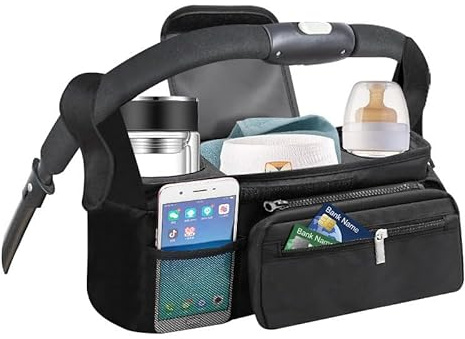 PandaEar Universal Stroller Organizer with Insulated Cup Holders, Parent Console Caddy with Detachable Shoulder Strap & Phone Pouch, Large Capacity Stroller Accessories Bag