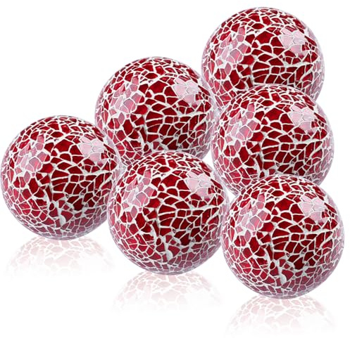 Yaziksa Mosaik Glas Kugel 6cm Rot Dekorative Kugeln für Mittelstück Schüssels Runden Mosaikkugel Sphäre zum Weihnachten Jahrestag Party Geburtstag Tischdekoration 6 Stücke