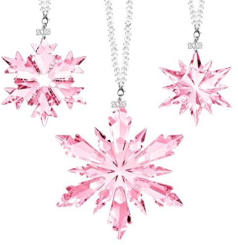 Lanpn 2025 Weihnachten Kristall Ornamente 3 STK, Jährliche Schneeflocken Stern Kristallornament, Kristalle Weihnachtsstern Christbaumschmuck Hängende Deko Geschenk Frauen Mädchen Winterurlaub, Rosa