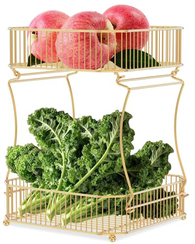 BAODBF Frutero moderno de metal para más espacio en la encimera, soporte extraíble para frutas, 24 x 24 x 33 cm, cesta de frutas de 2 pisos para pan, verduras, aperitivos, almacenamiento (dorado)