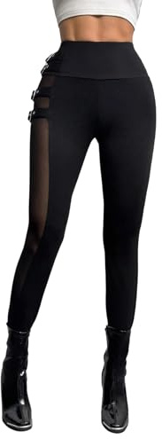 SOLY HUX Leggings Damen Y2K Mesh Patchwork Hose Strumpfhosen Freizeithose Strech Gothic Punk Hose Partyhose Festival Outfit Schwarz L