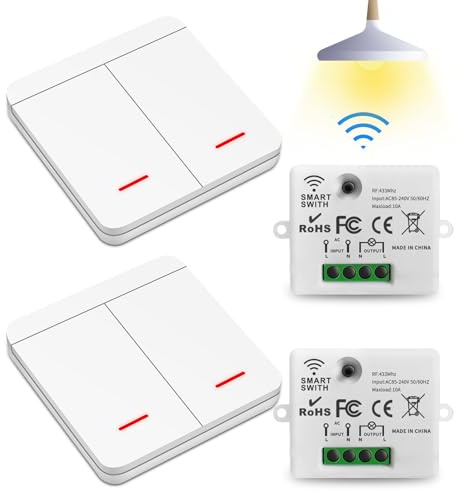 Interruptores Inalámbricos, Interruptor Transmisor de 230 V sin necesidad de cableado, Mando Transmisor para luces, control de la iluminación interior y exterior (2 receptor y 2 interruptor)