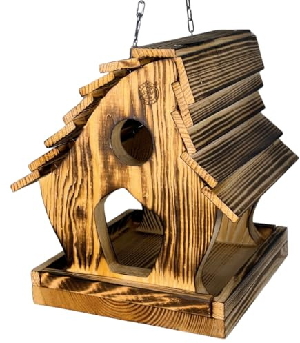 Massives Vogelhaus aus Naturholz Aufhängen Wetterfest verkohlt Kette & Haken Vogelfutterhaus zum Aufhängen für Balkon, Garten, Wildvögel (geflammtes Holz)