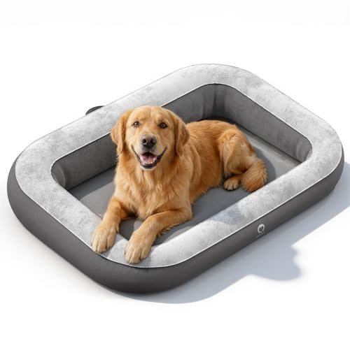 QPAU Aufblasbares Hundebett mit Seiten, waschbares Haustierbett für Reisen, Camping und Zuhause, wasserdichtes tragbares Hundebett mit Pumpe und Tasche für kleine, mittelgroße und große Hunde (groß)