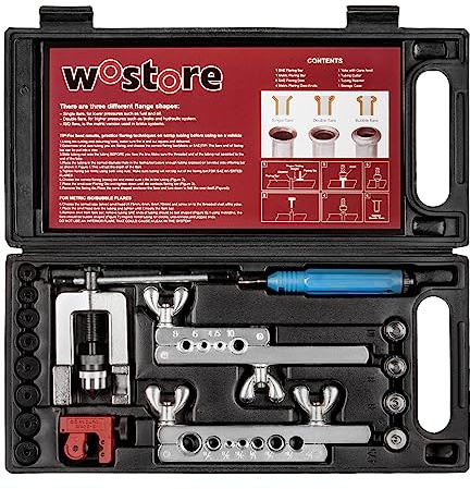Wostore Professional Brake Line Flare Kit for Single, Double (SAE) Flares & Bubble (ISO) Flares with Tubing Cutter Pipe Reamer for 3/16-5/8 7 Sizes