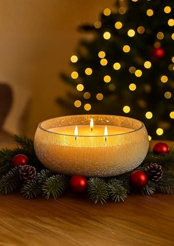 Marco Paul 3 Wick Crackle Glass Candle Large 20cm White Candle Crystal Decorative Glass Bowl Table Centrepiece, Candle Autumn Gifts, Home Decor, Living Room Decor & Valentines Gifts for Her