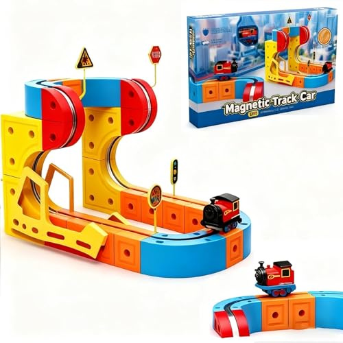Treno Elettrico per Bambini, Pista Magnetica Treno, Magic Rail Block Set, Blocchi Magnetici per Bambini, Layout 3D Incorporati per 3 4 5 6 7 8 Anni Regalo Natale (66pcs)