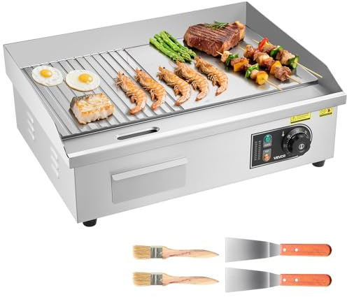 VEVOR Plancha Eléctrica, 3200 W, Control de Temperatura Ajustable 50 a 300 °C, Cuerpo de Acero Inoxidable, Mitad Ranurada, Mitad Plana, con 2 Espátulas, 2 Cepillos y 4 Almohadillas para los Pies