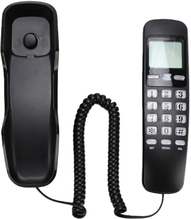 Plyisty Slimline Retro Wall Mountable Corded Telephone with Caller ID, Mini Landline, Battery Free Emergency Phone with DTMF FSK Display System (Black(English Version))