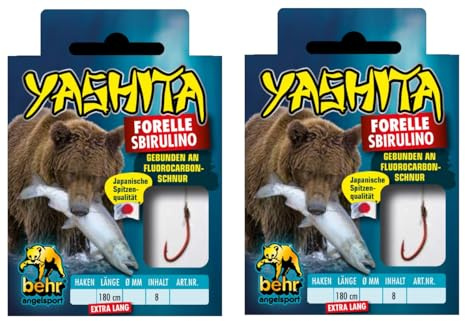 2X Behr Forellenhaken gebunden Fluorocarbon 180 cm – Sbirolino Haken Set (16 Stück) Größe 4, 6 oder 8 | extra Lange Sbirulino Vorfächer, chemisch geschärft (Hakengröße #8)